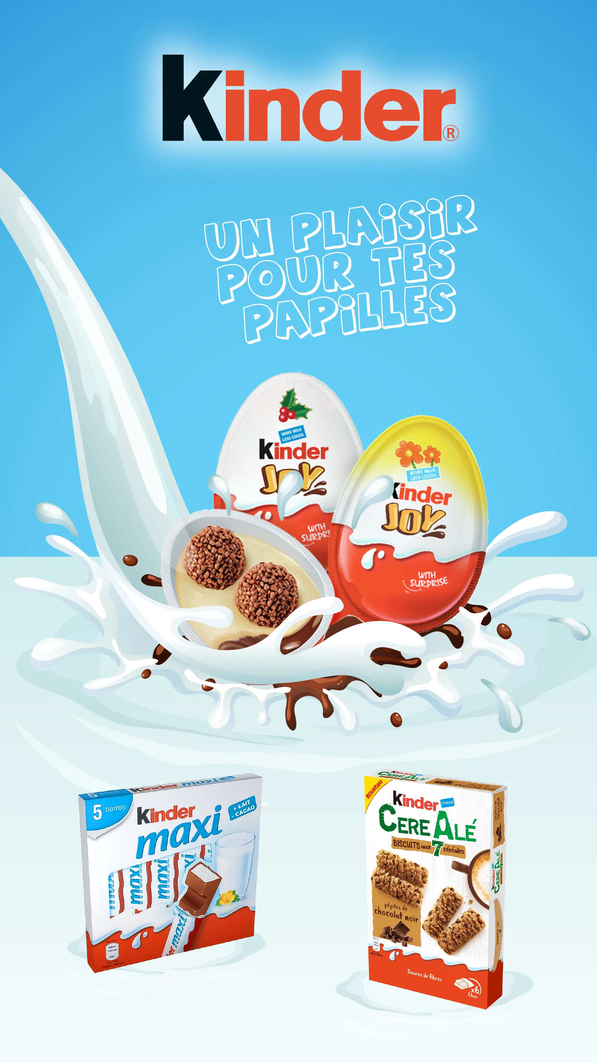 Affiche bleue verticale mettant en scène des produits Kinder