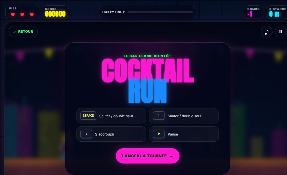 Aperçu du jeu Cocktail Run avec sa ville néon et son écran de lancement